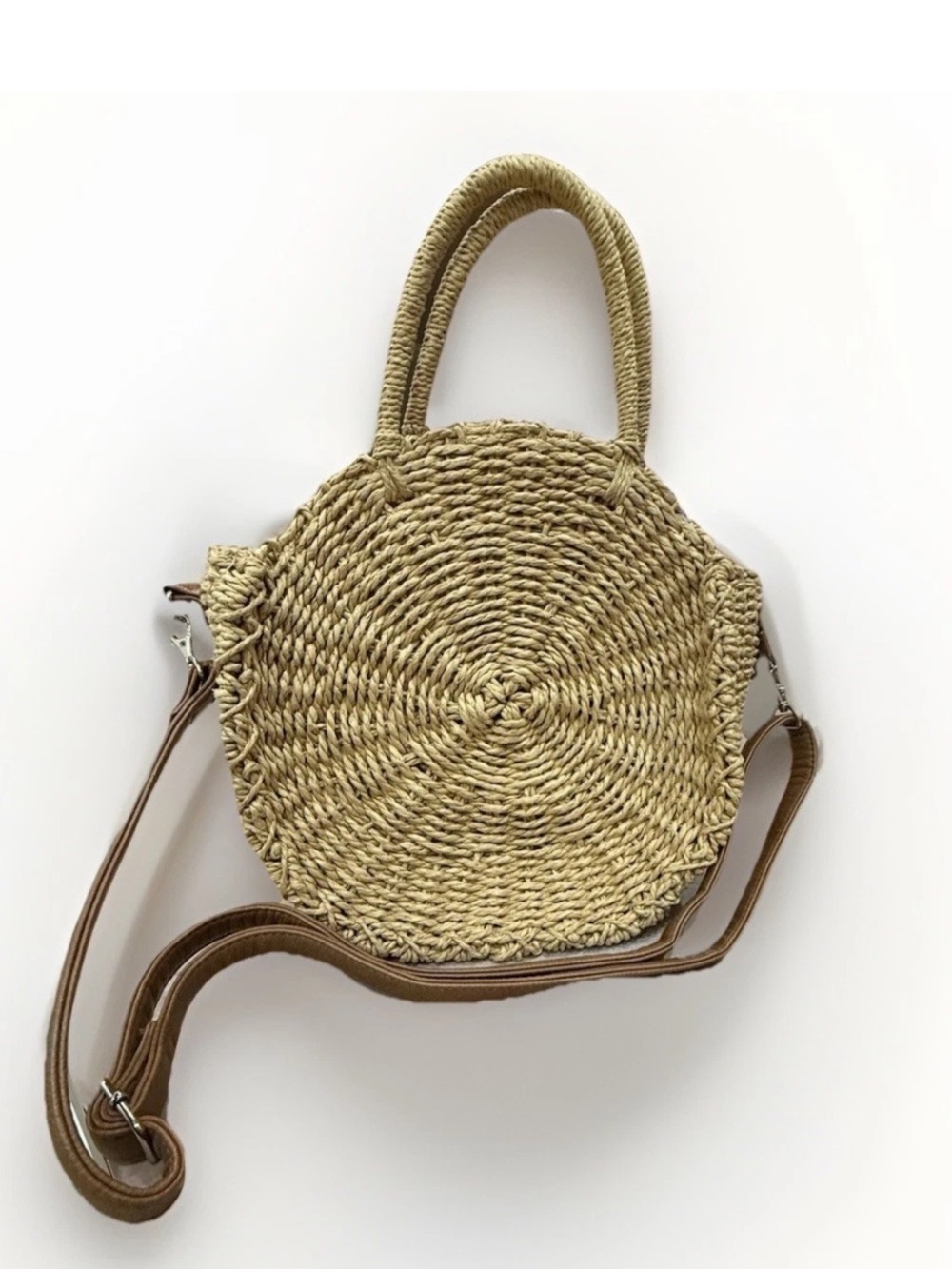 Straw Woven Round Crossbody Bag Boho Rattan Circle Purse Tan
